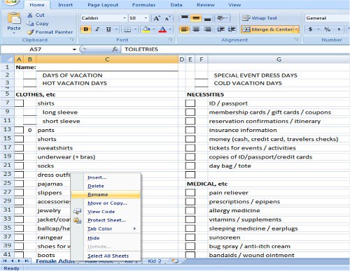 excel rv packing list