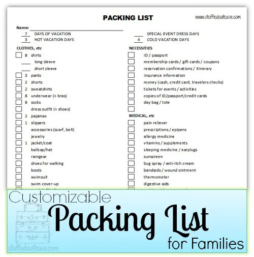 Packing List Printable - Customizable for travel planning | StuffedSuitcase.com family vacation tip
