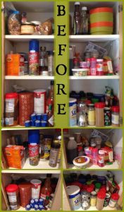 Organized Kitchen Cabinet for Spices BEFORE StuffedSuitcase.com