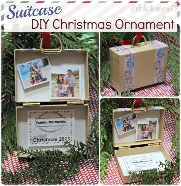 Suitcase DIY Christmas Ornament for displaying your travel vacation memories StuffedSuitcase.com family travel photos