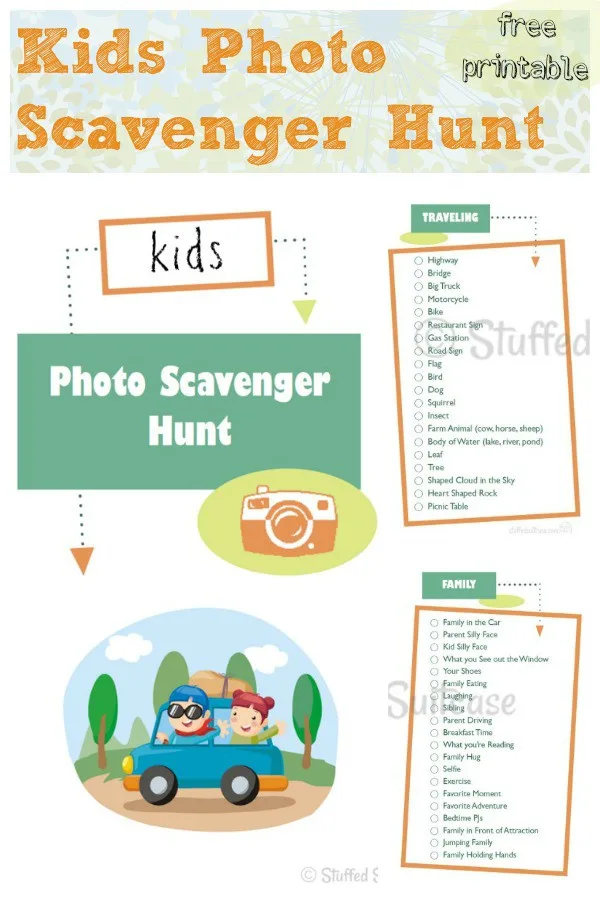 Kids Photo Scavenger Hunt Free Printable - great for family road trips and vacations! StuffedSuitcase.com travel
