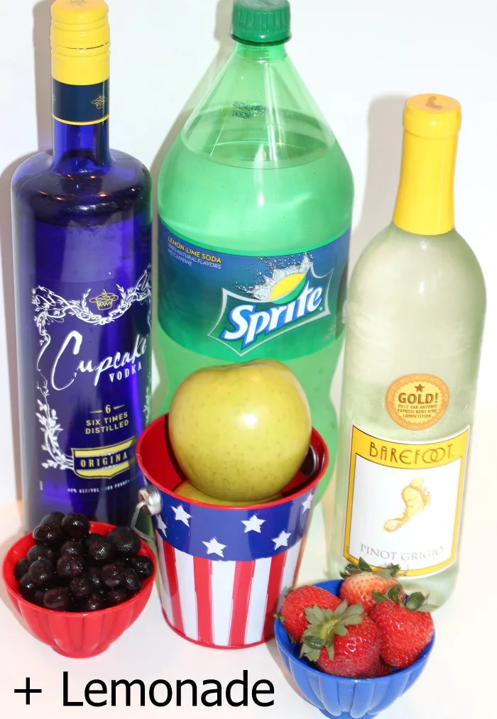 Ingredients used to make Stars and Stripes Sangria Recipe for 4th of July StuffedSuitcase.com drink