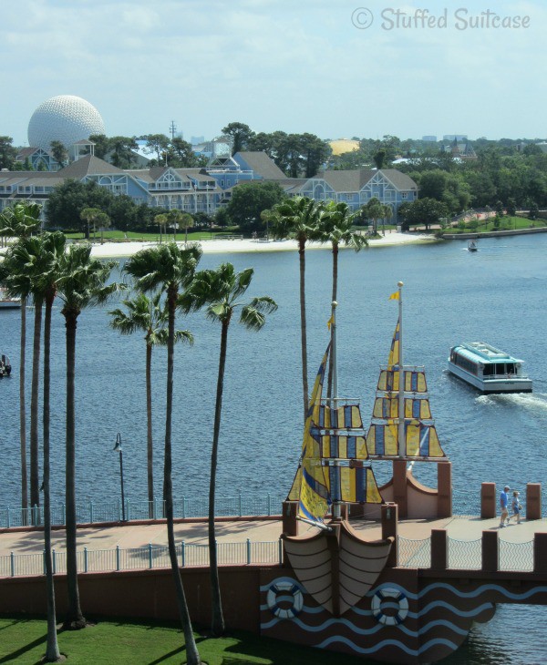 Water Taxi Boat Transportation to Epcot - view from our room at Walt Disney Swan and Dolphin Hotel StuffedSuitcase.com