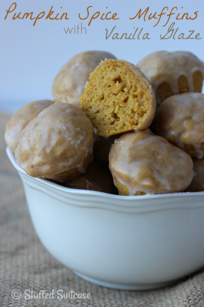 Mini Pumpkin Spice Muffins with Vanilla Glaze - perfect fall recipe treat for dessert or breakfast StuffedSuitcase.com