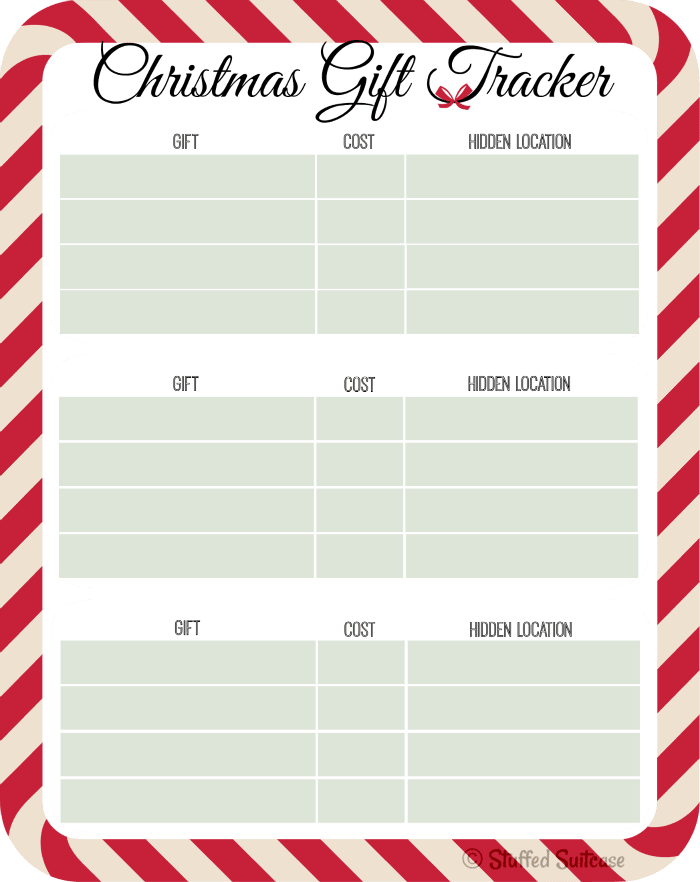 Use this free printable Christmas Gift Tracker from StuffedSuitcase.com to keep track of gifts you purchased, what you've spent, and where you've hidden the items!
