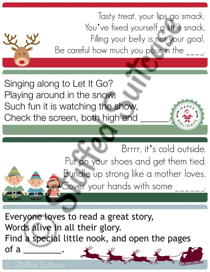 Christmas Scavenger Hunt Clues for leading your kids on a fun hunt for their gift(s) on Christmas morning. StuffedSuitcase.com