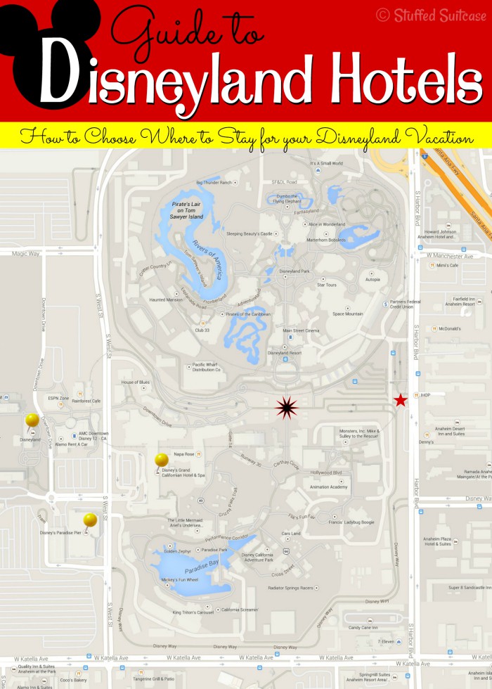 Looking to plan a Disneyland vacation an trying to decide where to stay? Here's a map and guide to the hotels by Disneyland to help with your Disney vacation planning. StuffedSuitcase.com