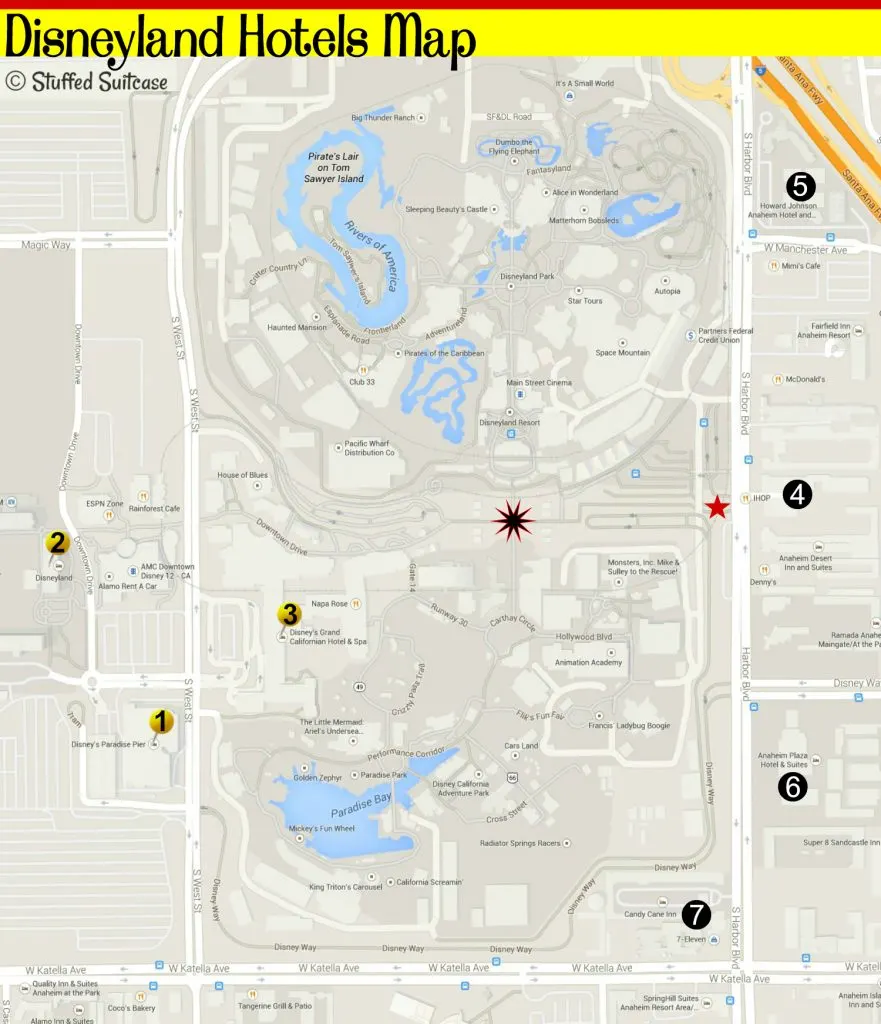 Planning a trip to Disneyland and wondering where to stay? Use this map of hotels by Disneyland to help you with your Disney vacation planning! StuffedSuitcase.com
