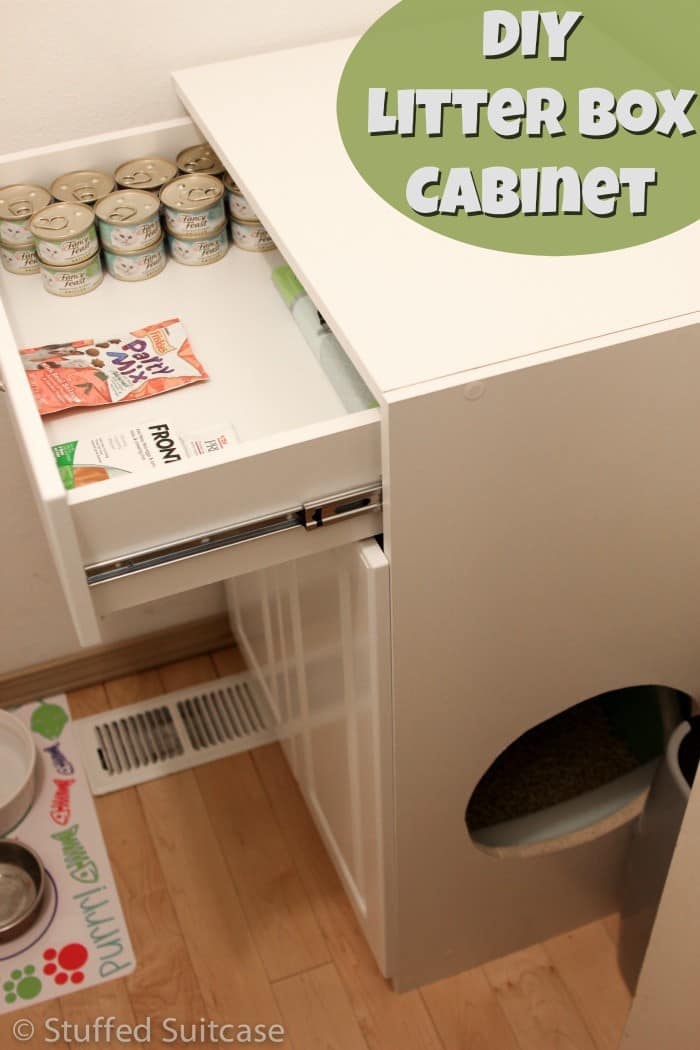 Here's how to make a DIY litter box furniture cabinet for your cats to help keep the litter and odors contained! StuffedSuitcase.com