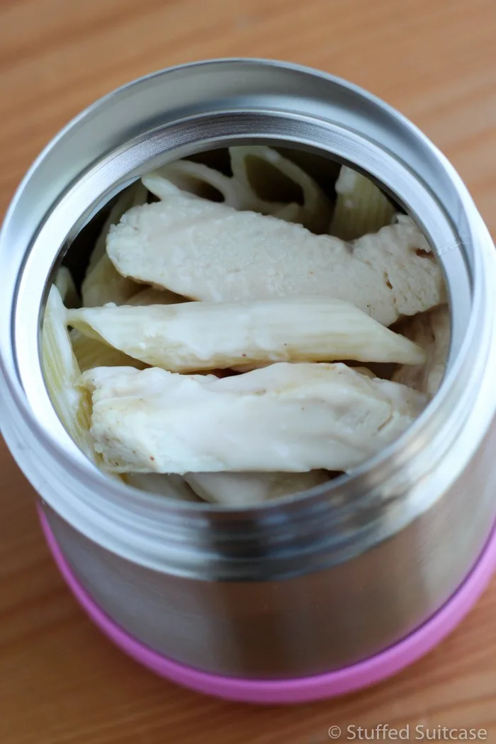 Chicken Alfredo served in a thermos is an excellent lunch meal created with leftover chicken
