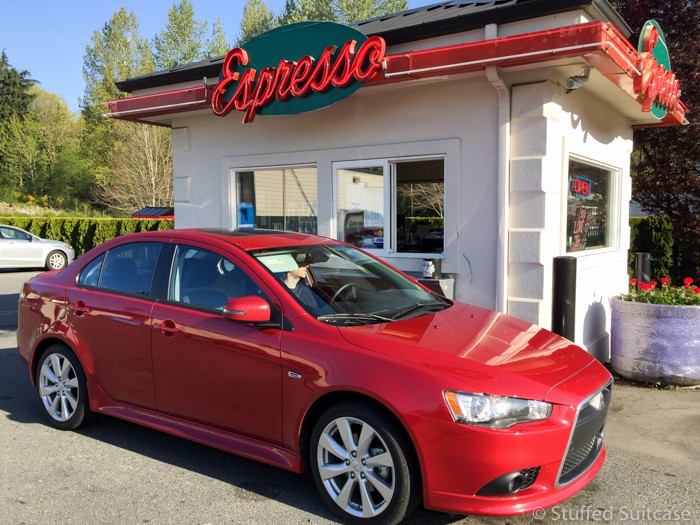 Enjoying a Seattle coffee break while driving the Mitsubishi Lancer GT