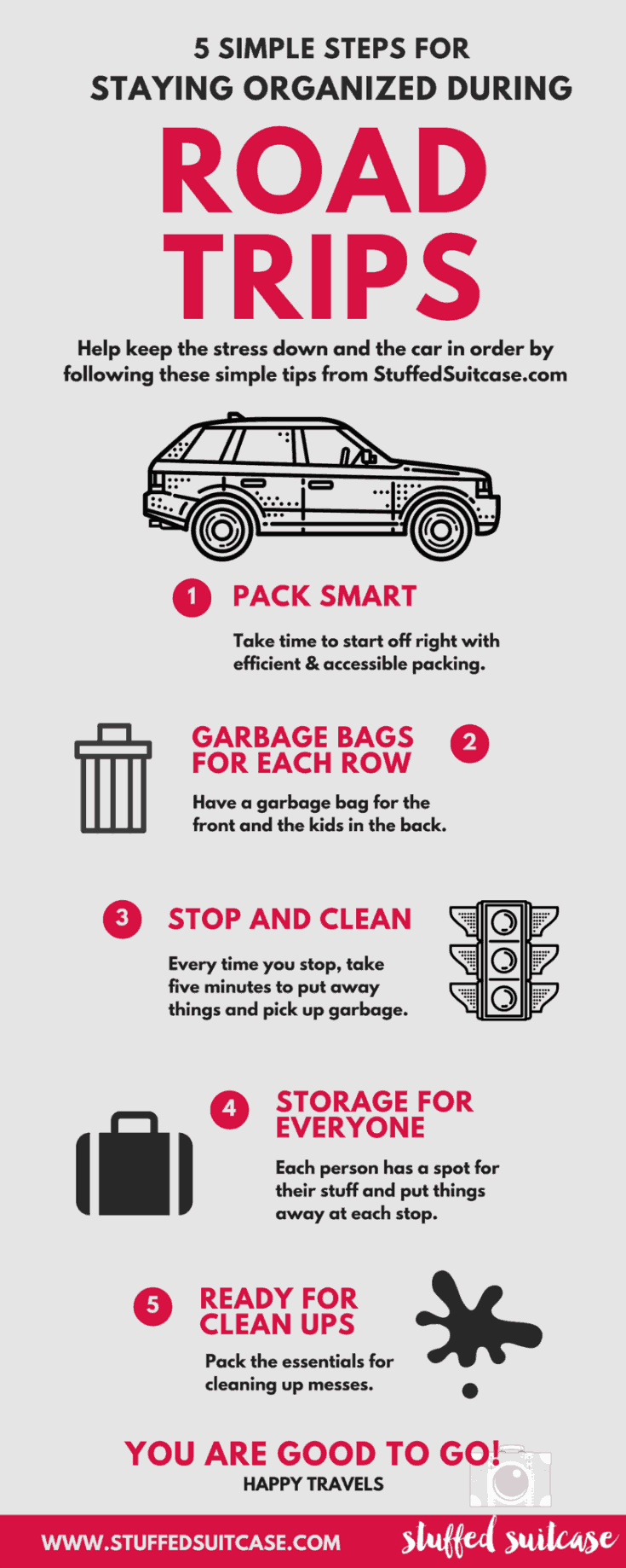 Use these five organization tips for road trips to keep your car in order, make your roadtrip travel smooth, and stress less along the way! StuffedSuitcase.com