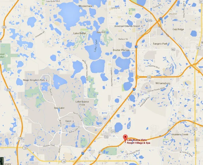 Map of area around the Lake Buena Vista Resort Village & Spa - Disney World on the left, Universal Orlando just above.