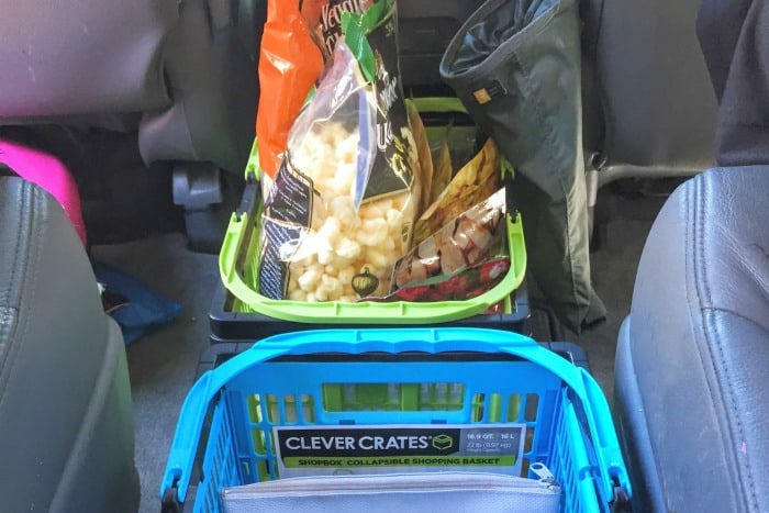 road trip snack bin packed in car