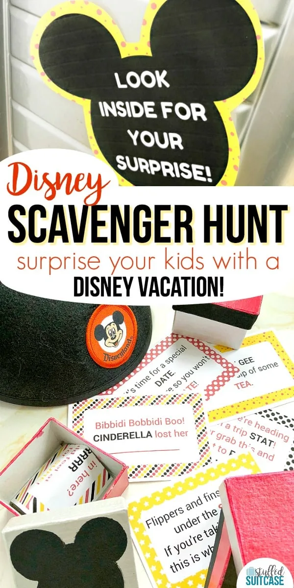 Want to surprise your kids with a trip to Disney? This fun Disney scavenger hunt has printable clues for you to hide and help announce the Disney World or Disneyland vacation!