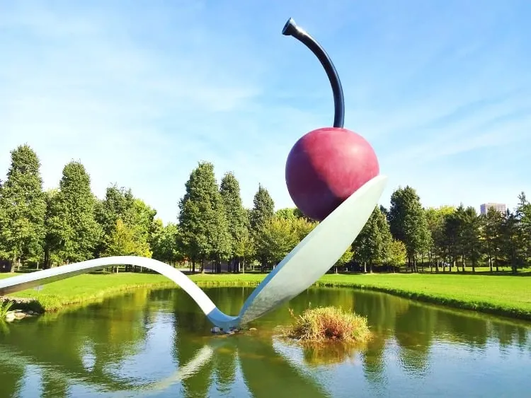 Minneapolis outdoor sculptures spoon with cherry