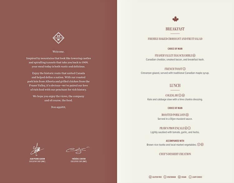 silver leaf menu for rocky mountaineer