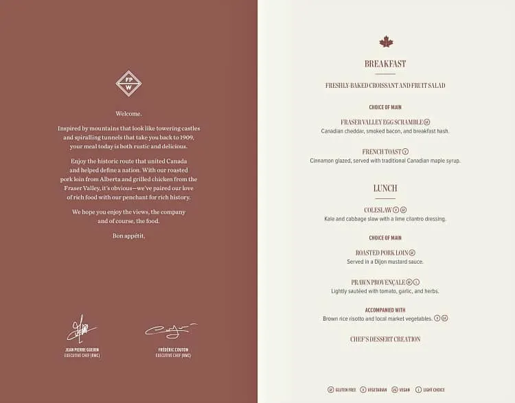 silver leaf menu for rocky mountaineer