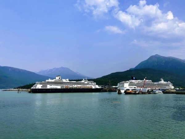 two cruise ships in port in alaska