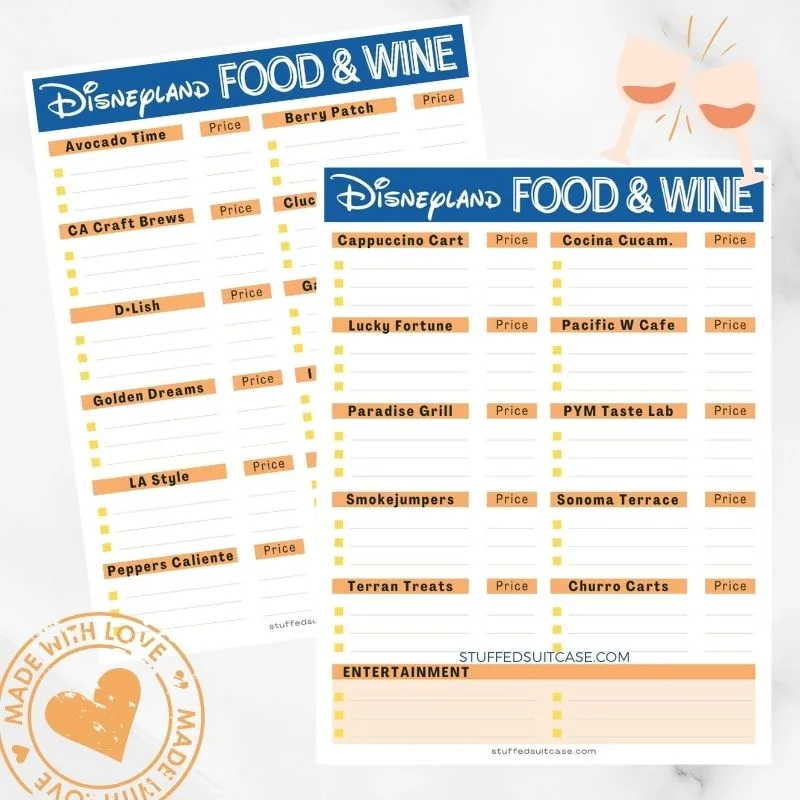 flat lay of 2 pages of disneyland food and wine planner for food and entertainment