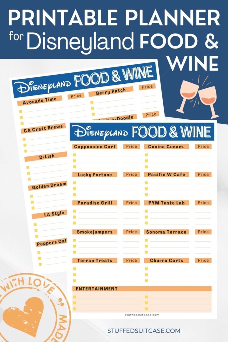 flatlay with text of disneyland food and wine printable planner