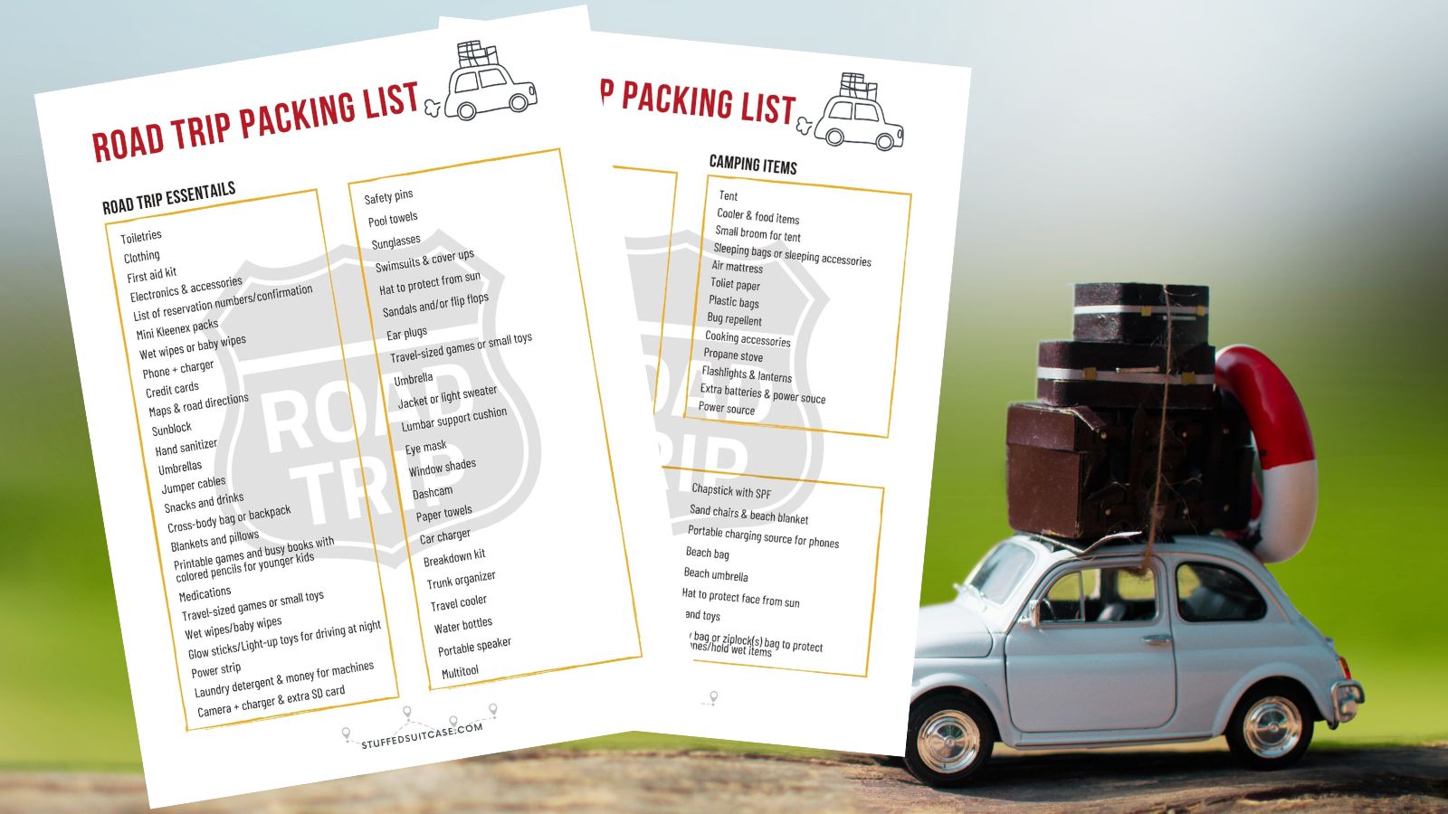 screenshots of road trip packing list printable over image of miniature car