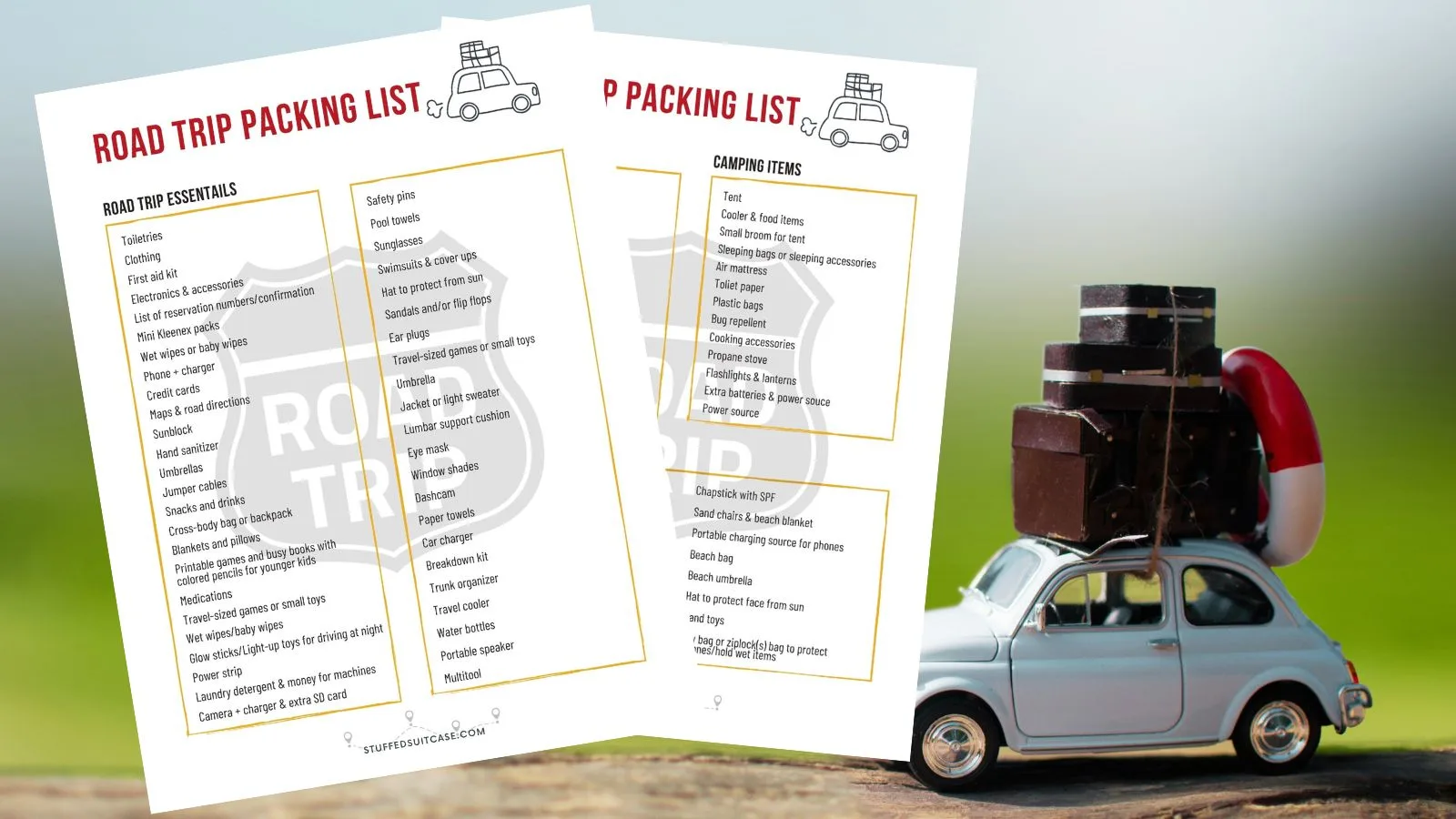 screenshots of road trip packing list printable over image of miniature car