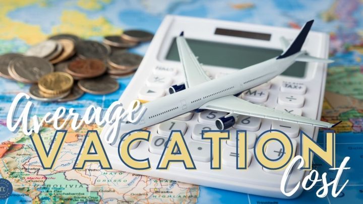 change calculator and model plane on top of colorful map with average vacation cost text overlay
