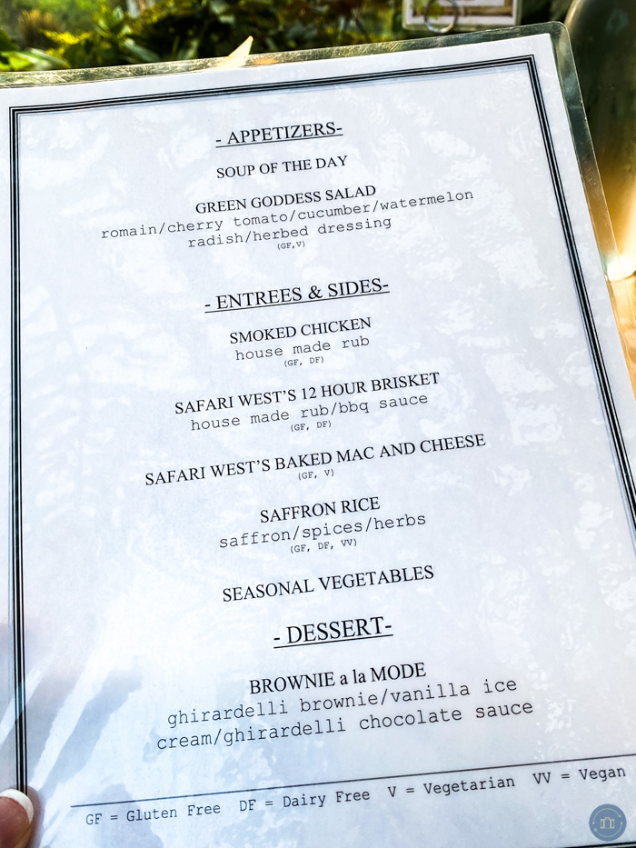 dinner menu at safari west in santa rosa