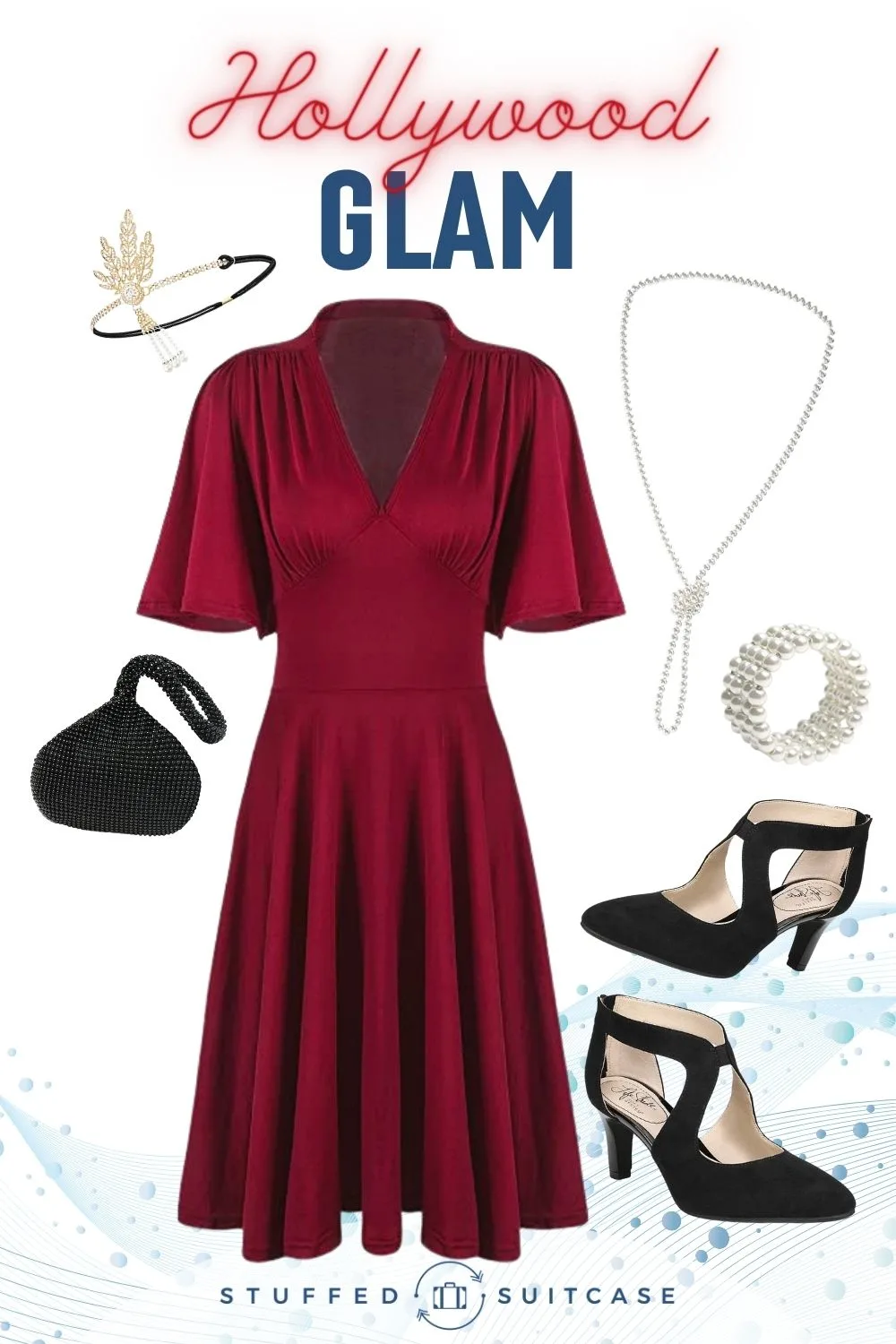 hollywood glam outfit collage red dress black shoes and pearl accessories