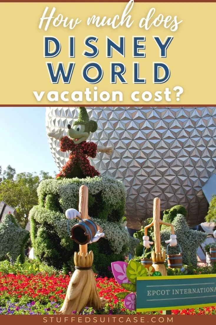 mickey topiary in front of epcot spaceship earth with text overlay for how much does a disney world vacation cost