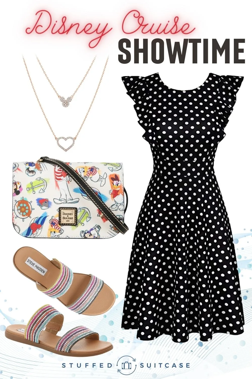 cruise outfit collage with dress purse sandals necklace
