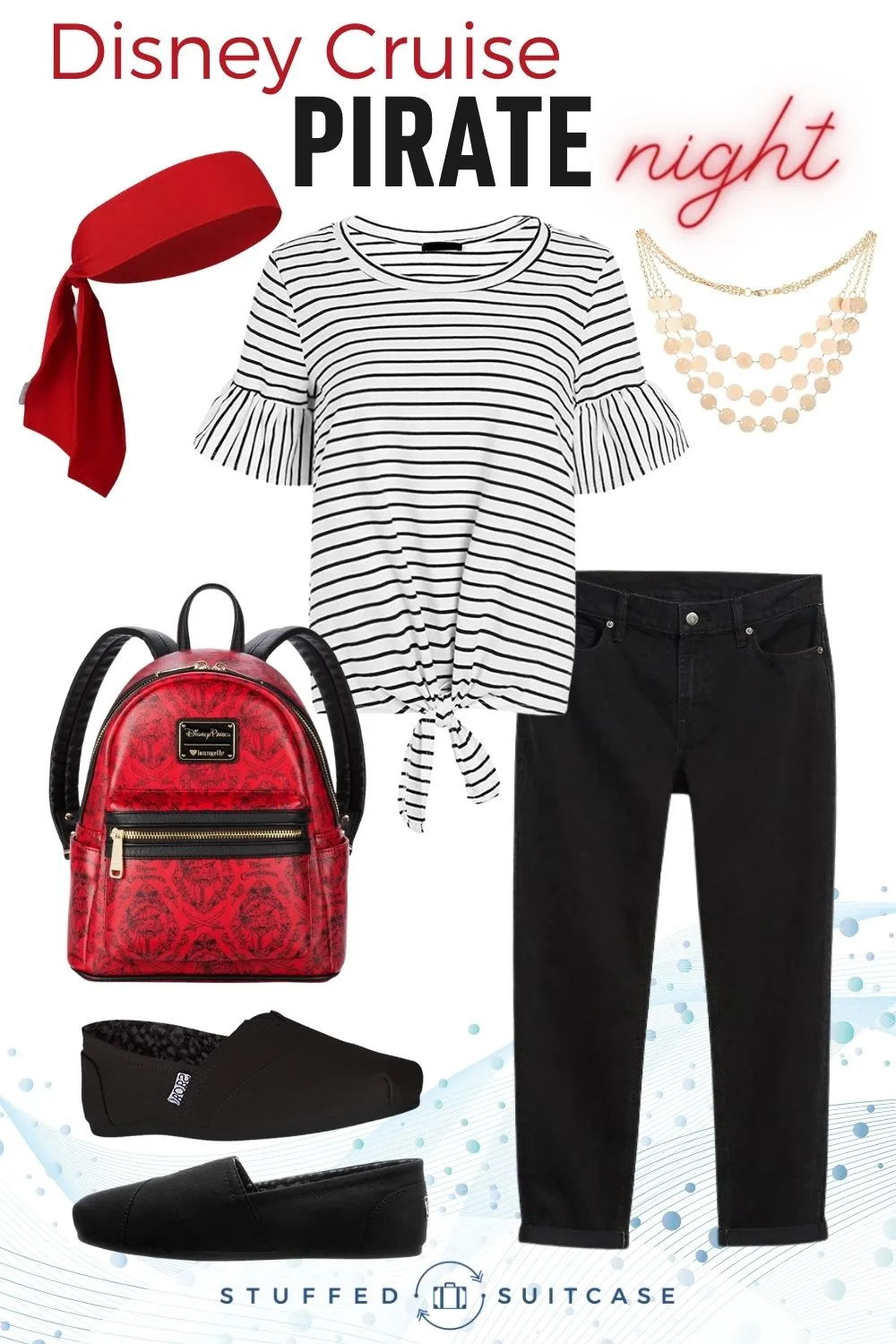 Disney cruise pirate night outfit for women with striped top black jeans redd pirate backpack