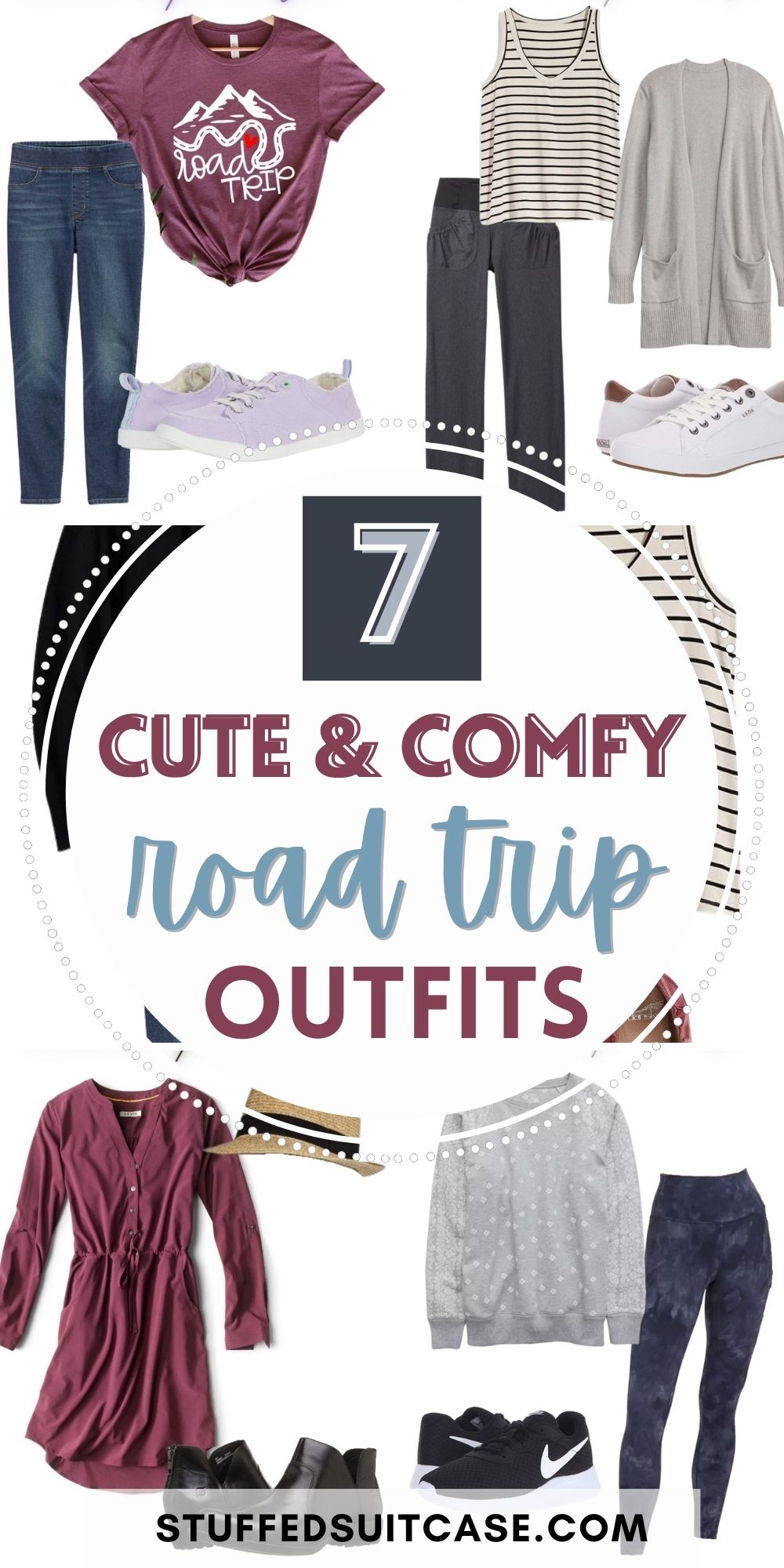 collage av road trip outfits med text