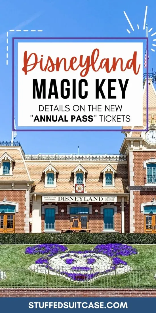 disneyland magic key new annual pass text overlay box on photo of disneyland entrance