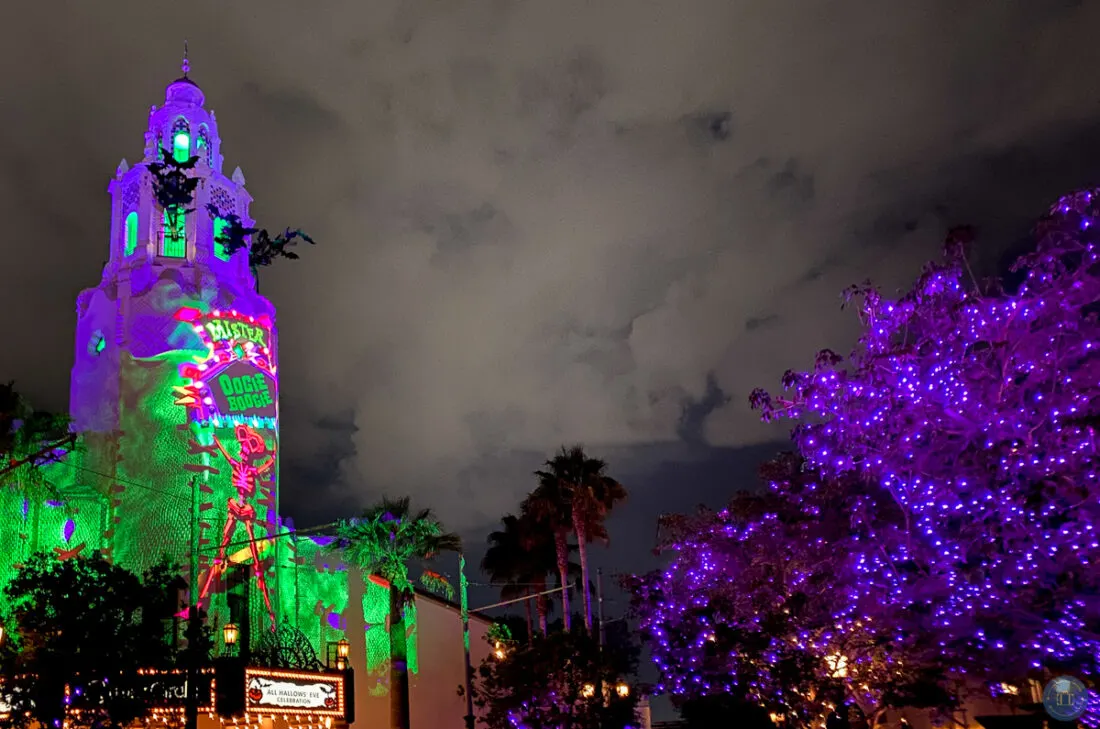 projections on carthay circle in disney california adventure during oogie boogie bash