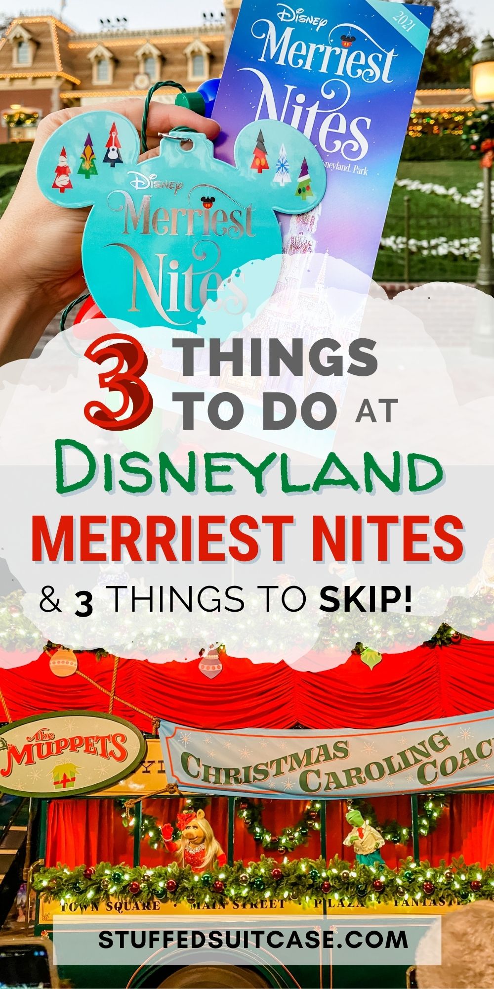 collage for disneyland merriest nites party of text with lanyard and muppets caroling coach photos