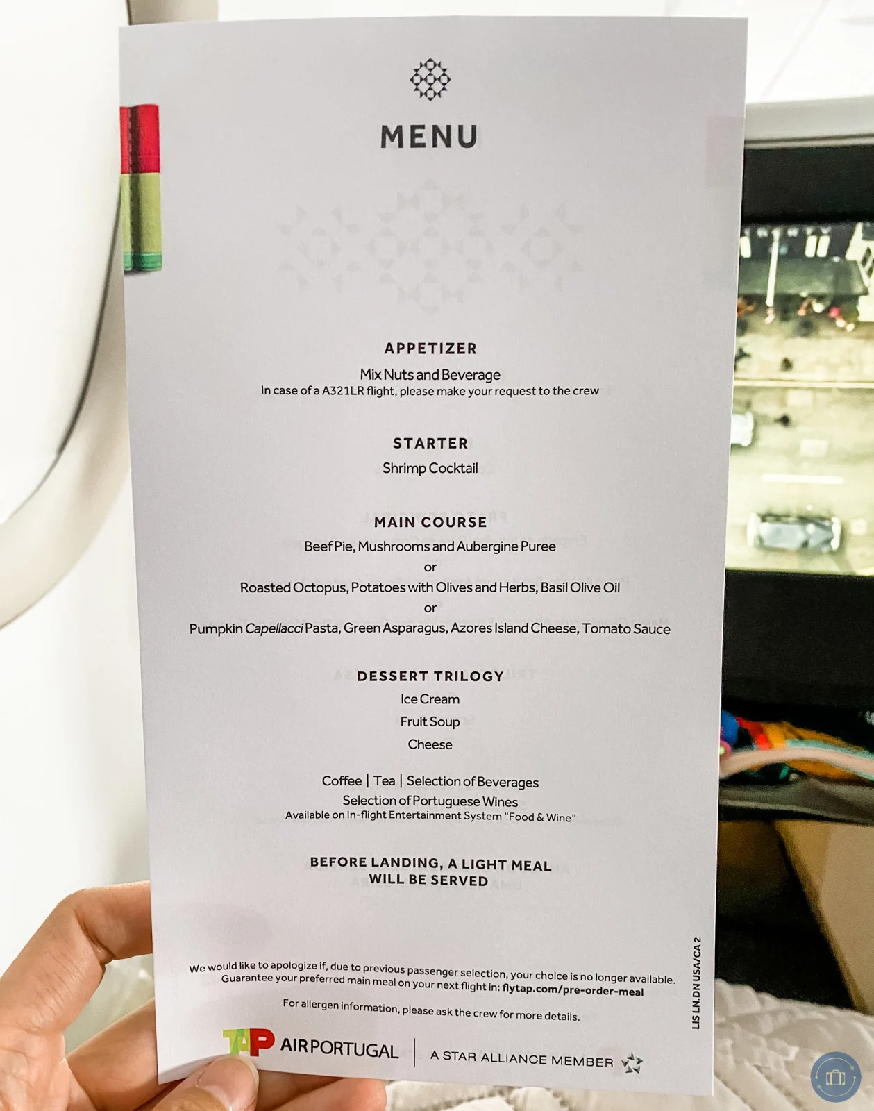 dinner menu on tap airlines executive