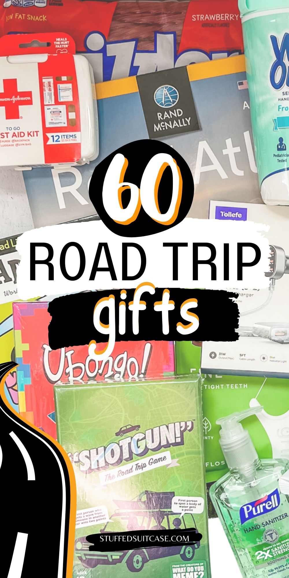 road trip gifts flat lay with text overlay