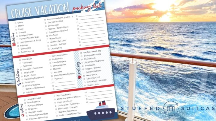 printable cruise packing list overlay over cruise ship deck with sunset over the ocean horizon