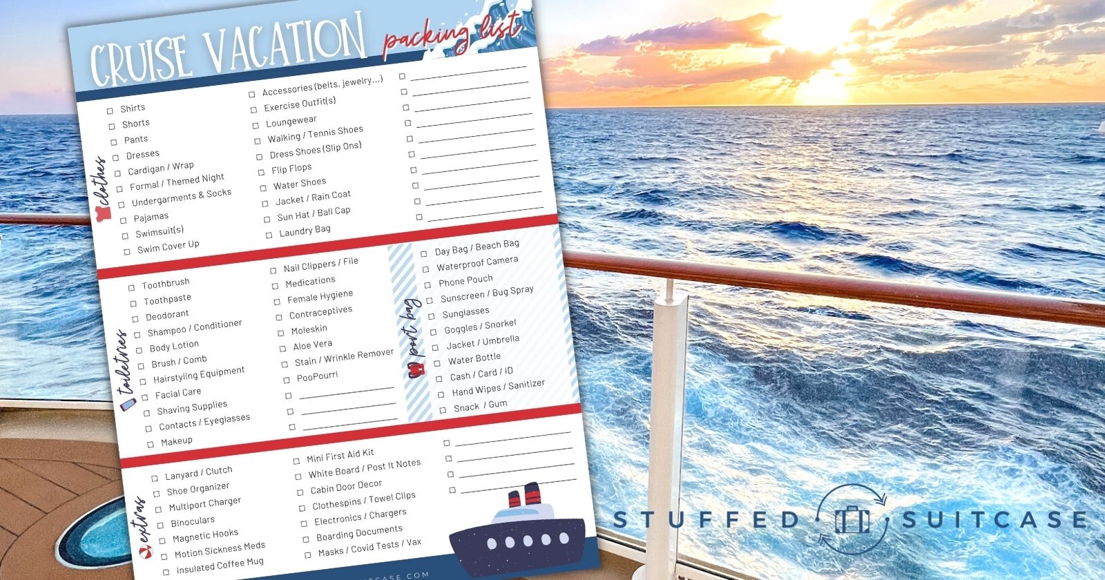 printable cruise packing list overlay over cruise ship deck with sunset over the ocean horizon