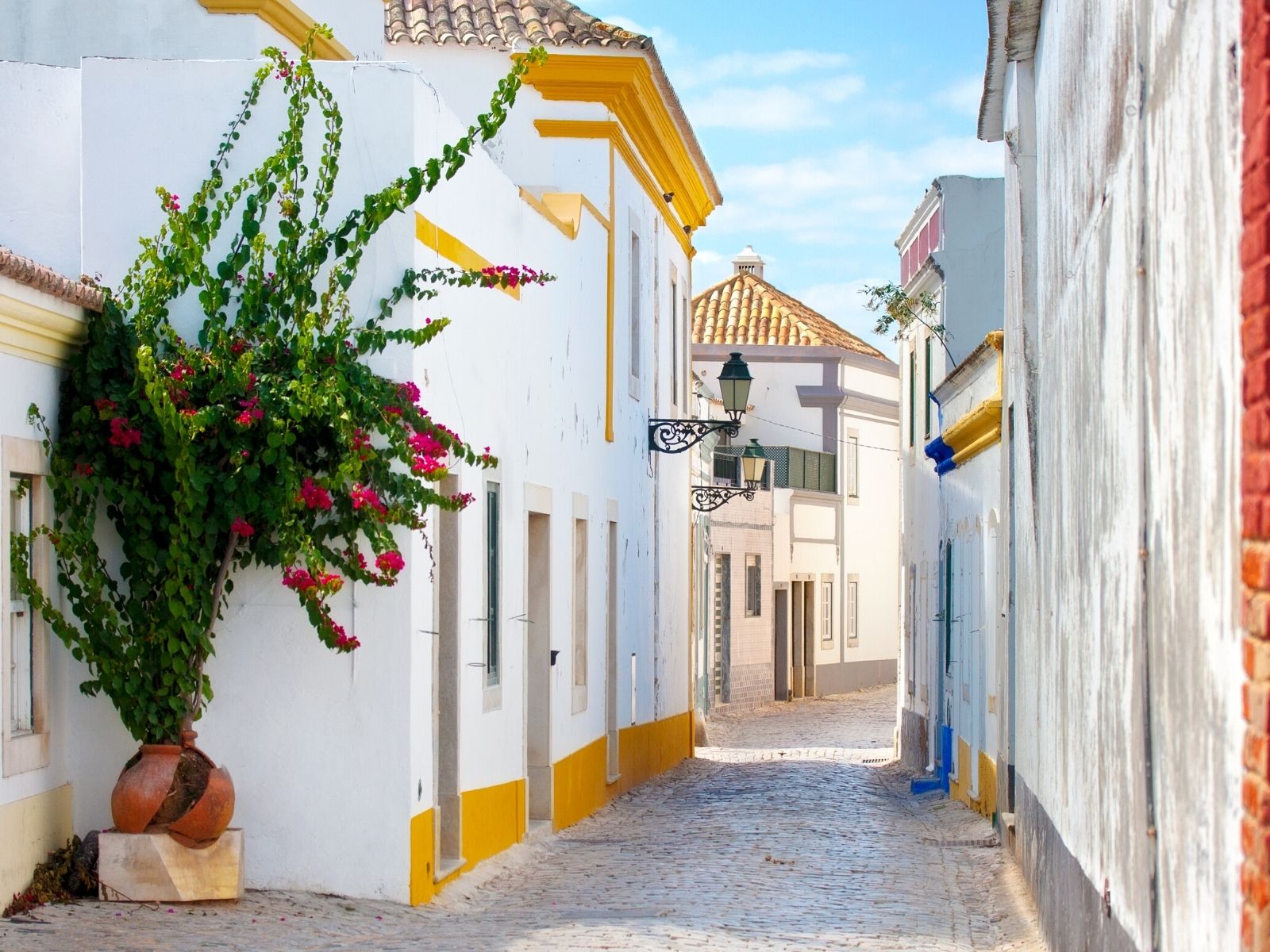 old town street with white buildings in portugal city of Faro