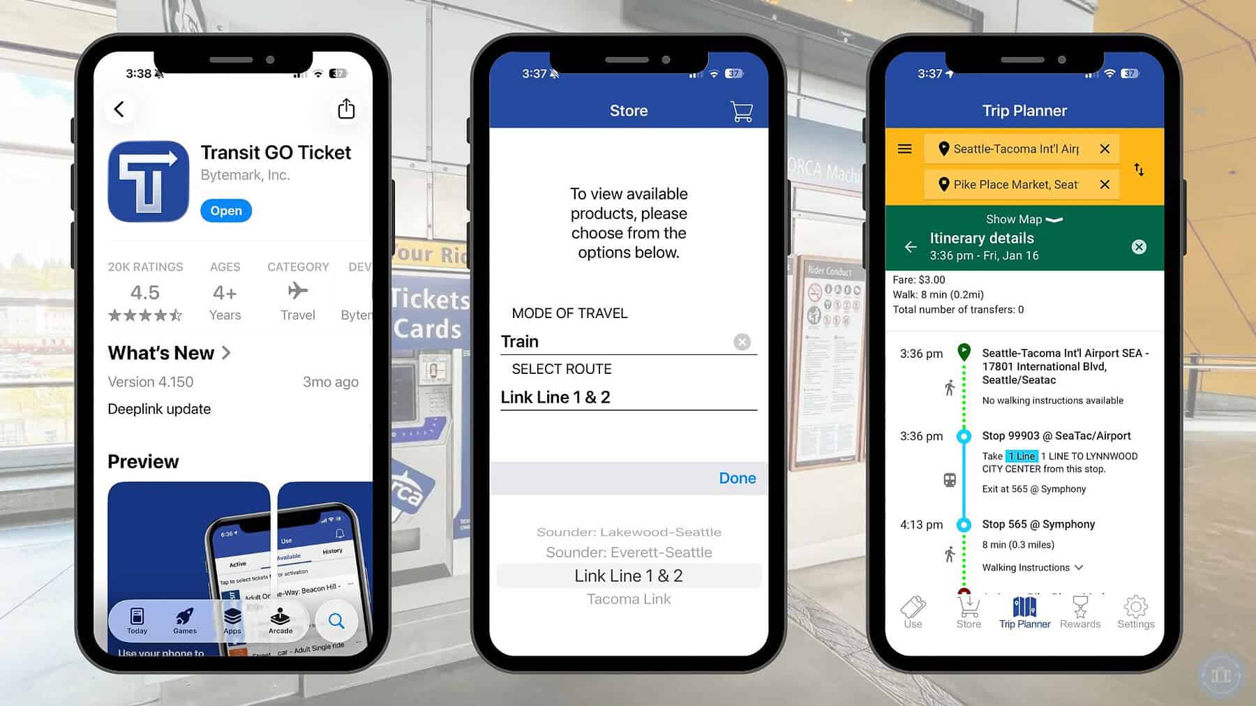 screenshots of the Transit Go app for Seattle Link Light Rail train tickets
