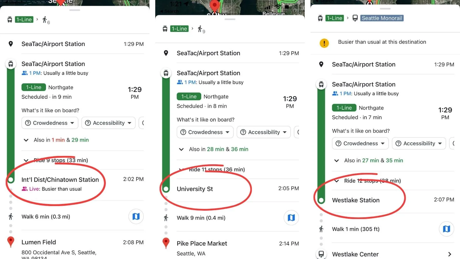 google map transit directions for popular seattle attractions