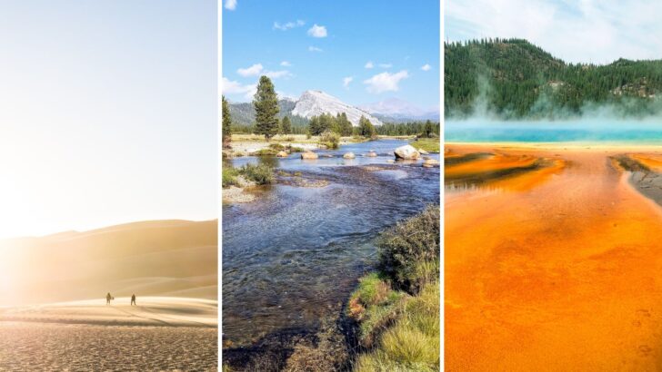 collage of 3 west coast national parks great sands yosemite yellowstone