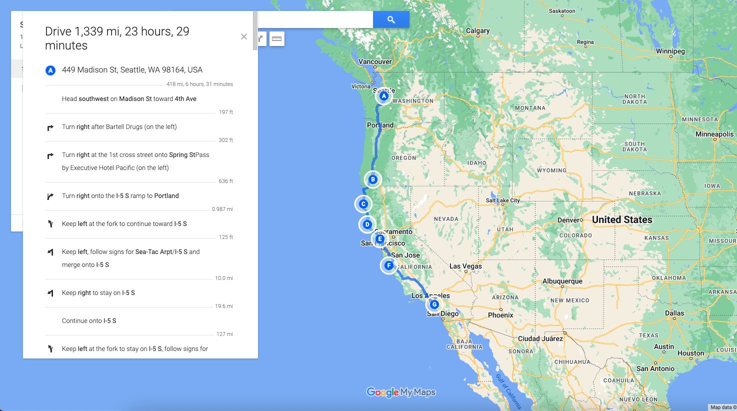 screenshot of step by step driving directions on google maps trip plan
