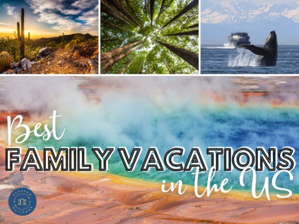 collage of images from yellowstone, arizona, redwood trees, whale in alaska for family vacation ideas in US