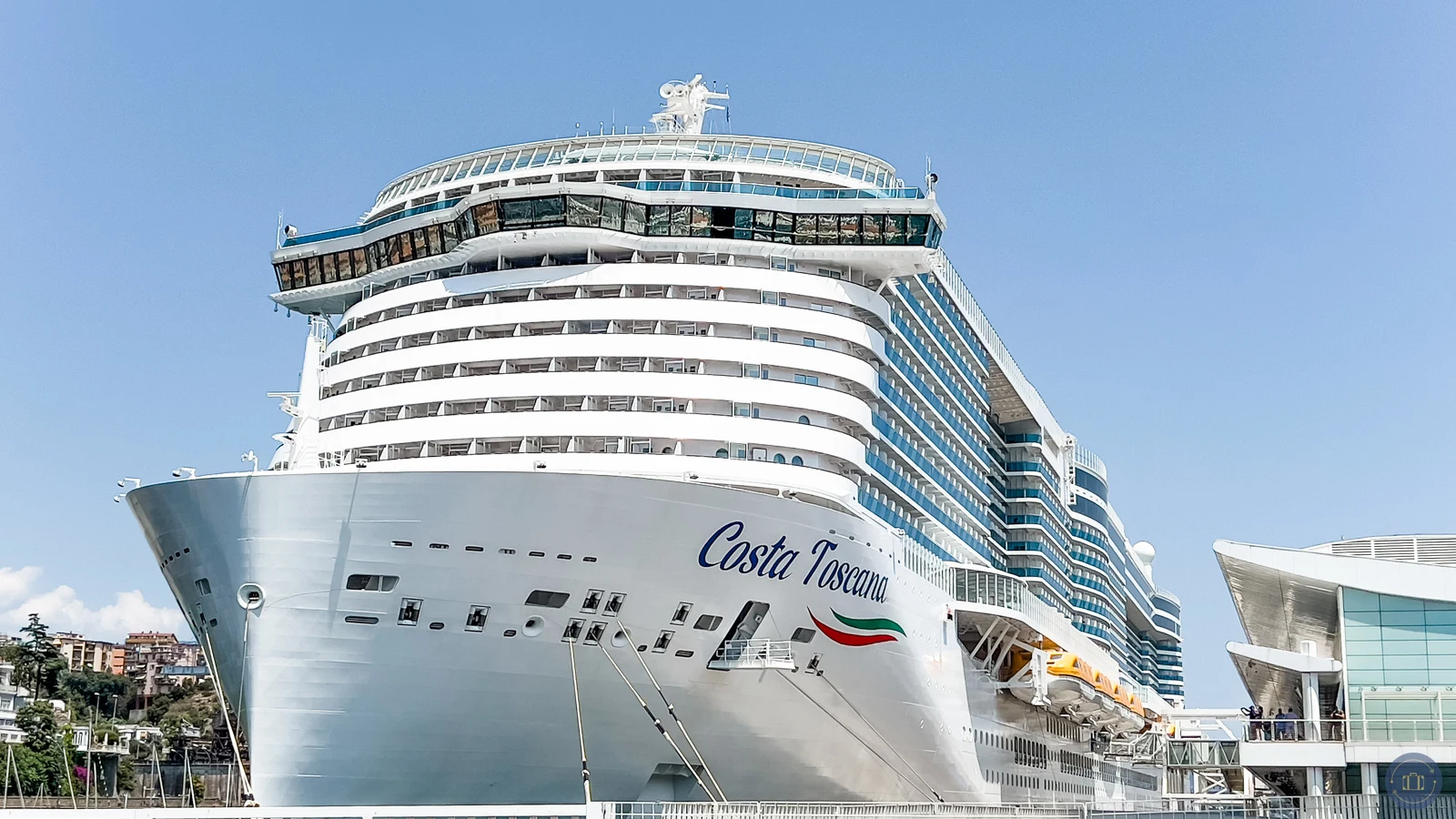 costa toscana cruise ship front view from port