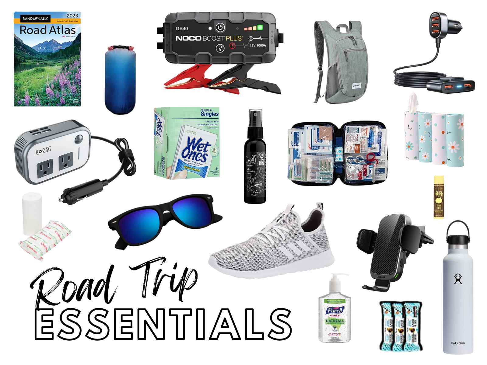 collage of road trip essentials items to pack for a long roadtrip