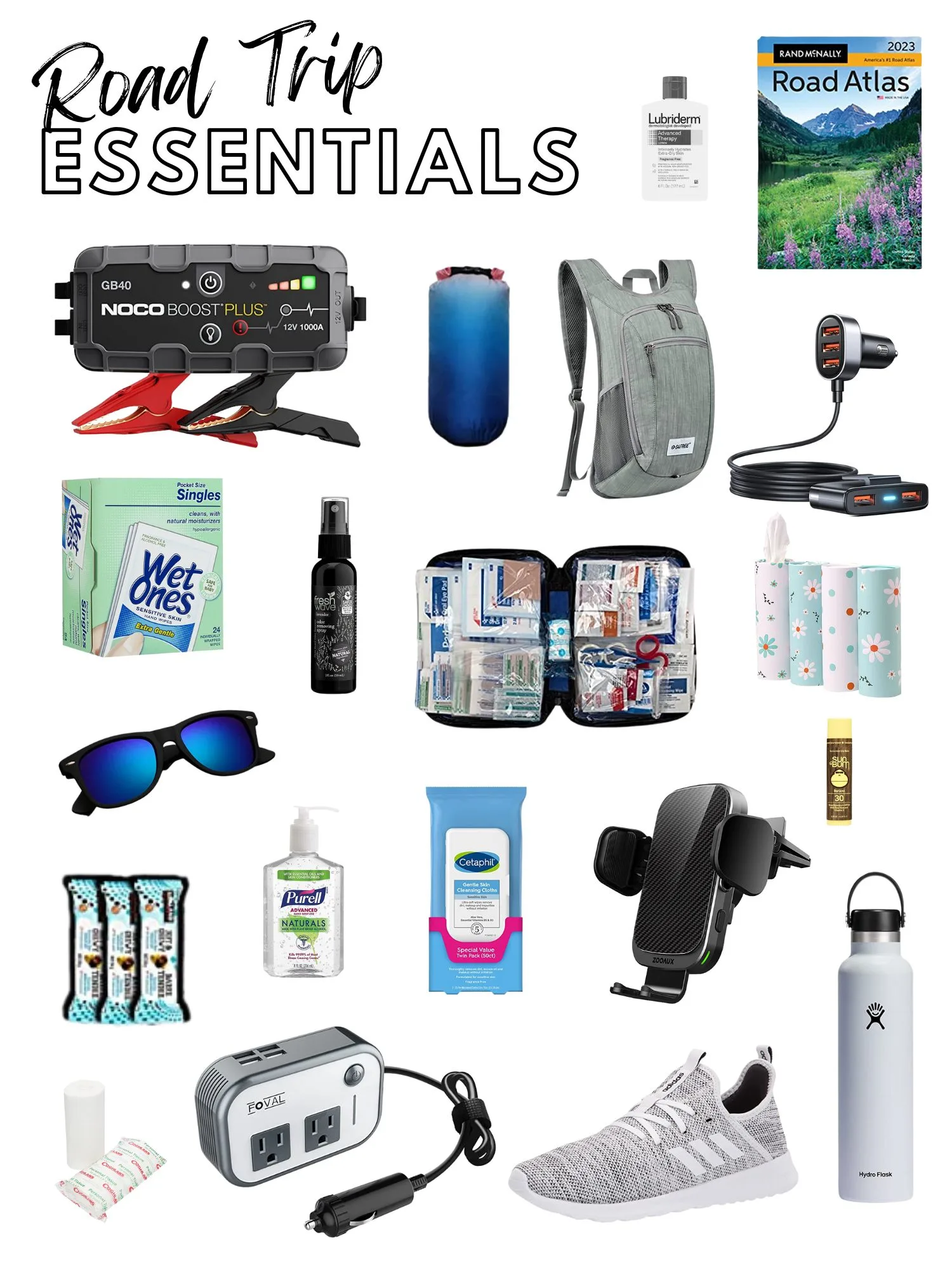 collage of essential items to pack for a long road trip